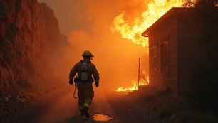 Firefighter walks toward blazing fire near house at sunset, wearing gear. Orange flames and smoke dominate the scene, creating urgency.