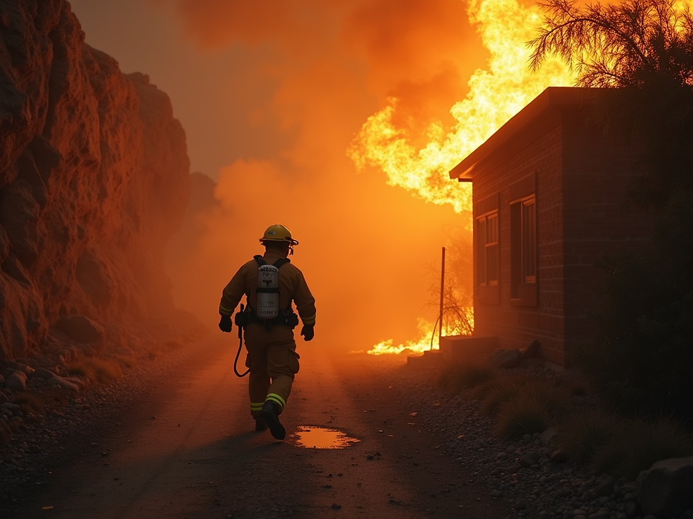 Firefighter walks toward blazing fire near house at sunset, wearing gear. Orange flames and smoke dominate the scene, creating urgency.