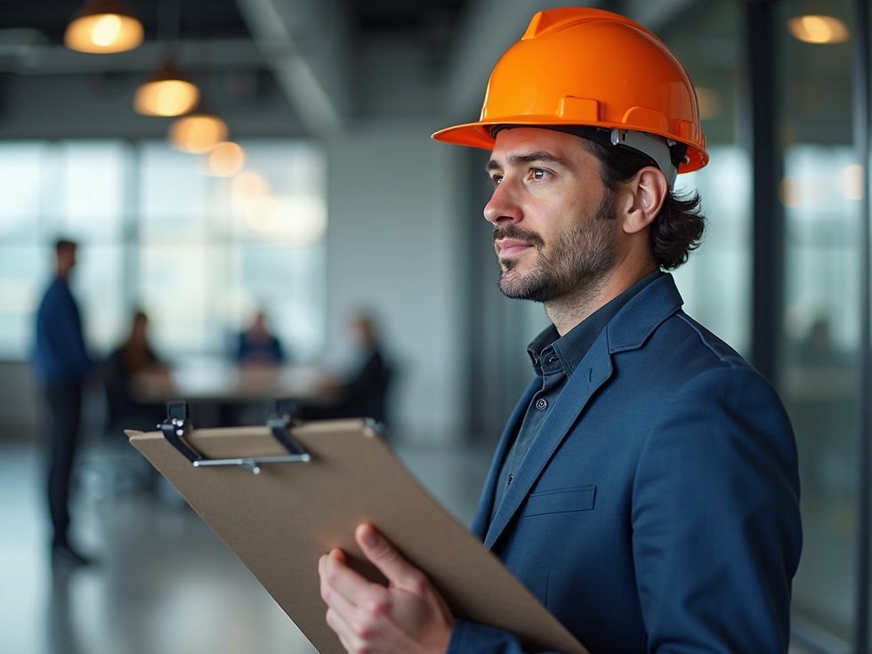 Man in a blue suit and orange hard hat holds a clipboard in a modern office. Background shows a meeting with four blurred figures.