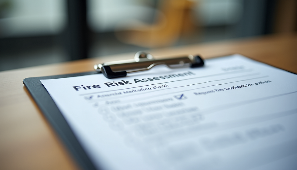 A clipboard holds a "Fire Risk Assessment" paper with checkboxes filled, placed on a wooden table. The blurred background suggests an office setting.