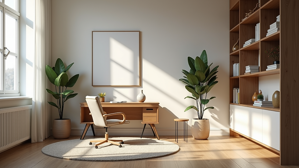 Wide angle view of a tranquil home office space