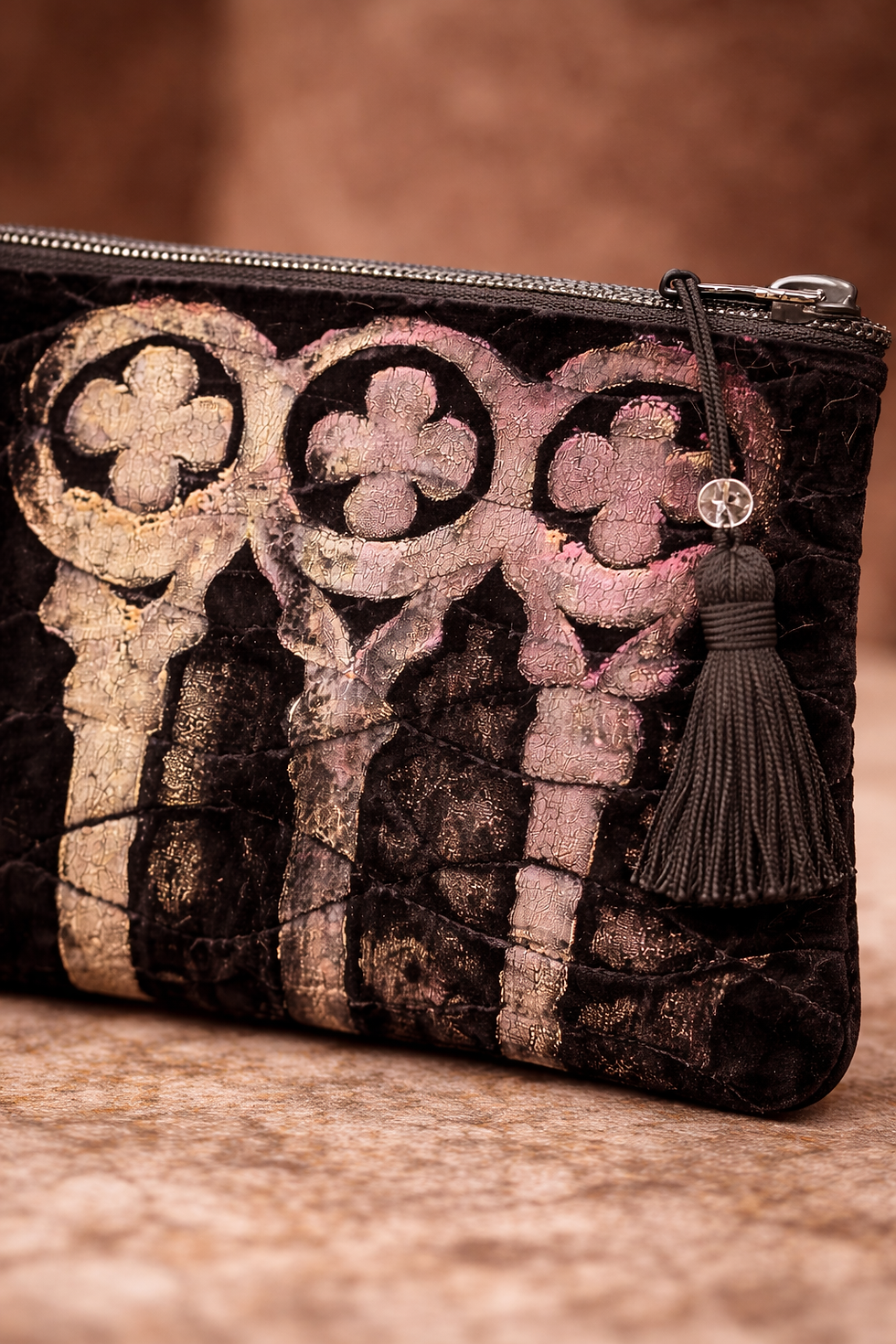 Thumbnail: Pochette piccola  in velluto di seta  nero  con  decoro gotico dorato rosato di ispirazione classica dettaglio