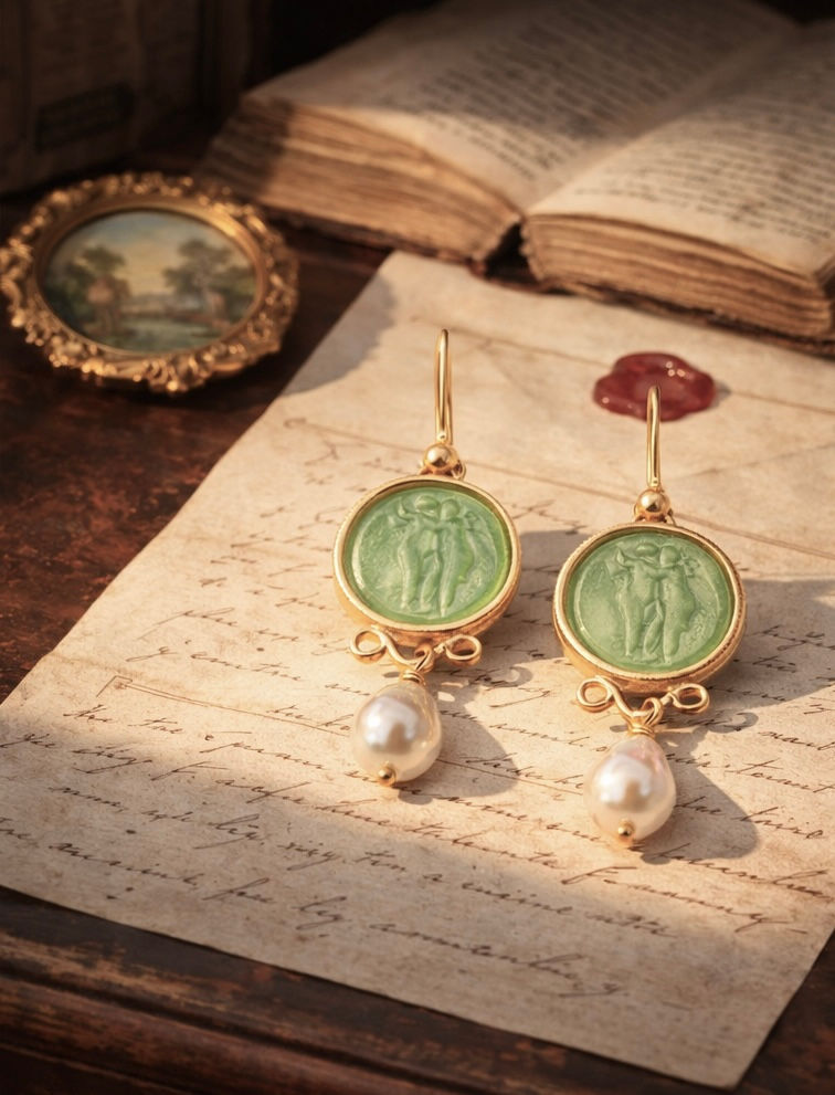 Thumbnail: Orecchini argento 925 bagno in oro pasta vitrea acquamarina con perla still Life