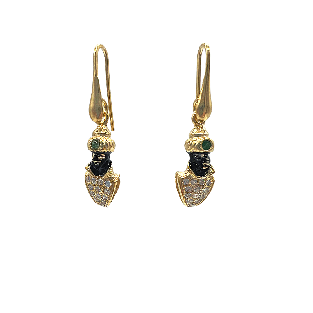 Orecchini "Moretti" in argento 925 dorato con zirconi, radice di smeraldo e smalti a fuoco vista frontale