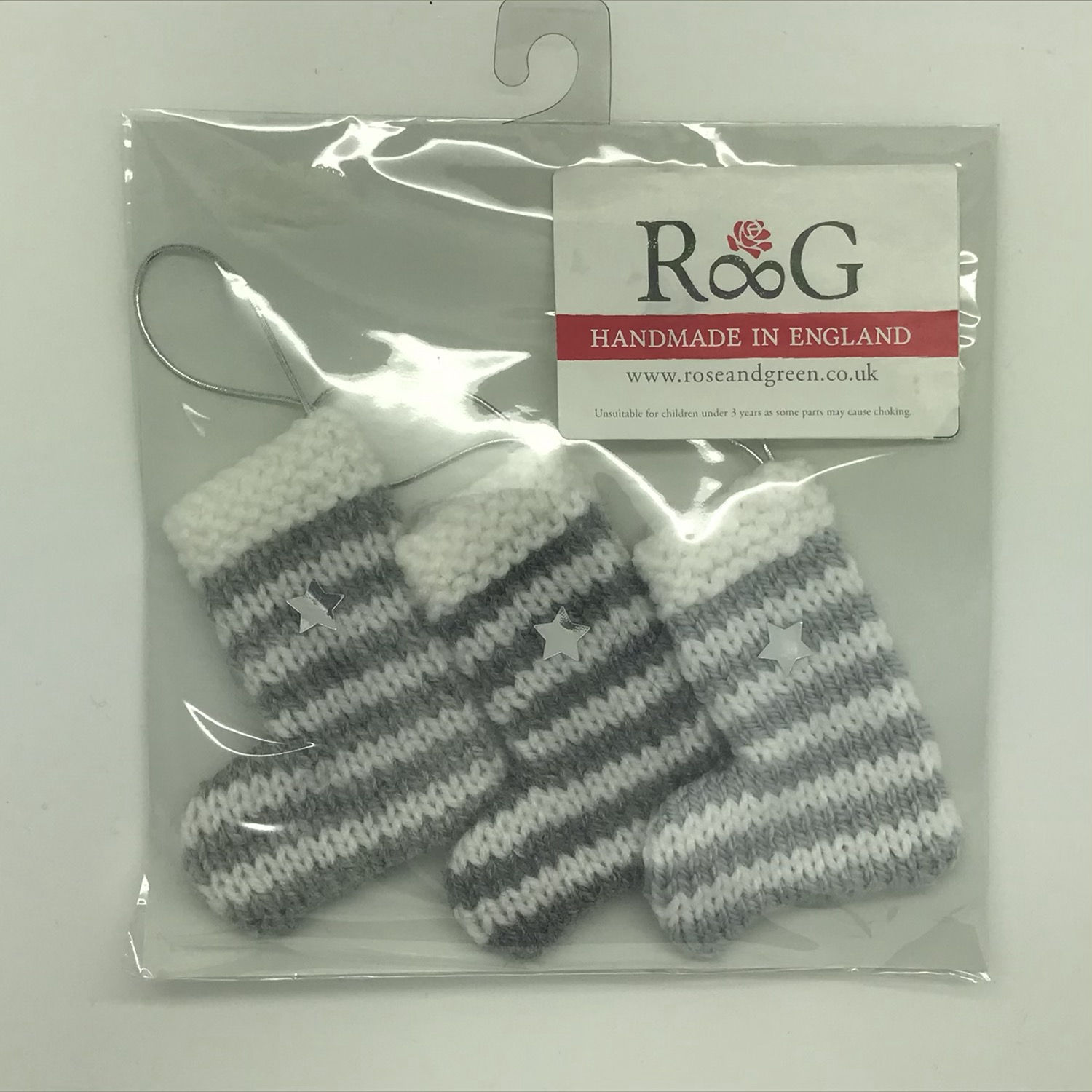 Hand-knitted Tree Stockings - White/grey stripe