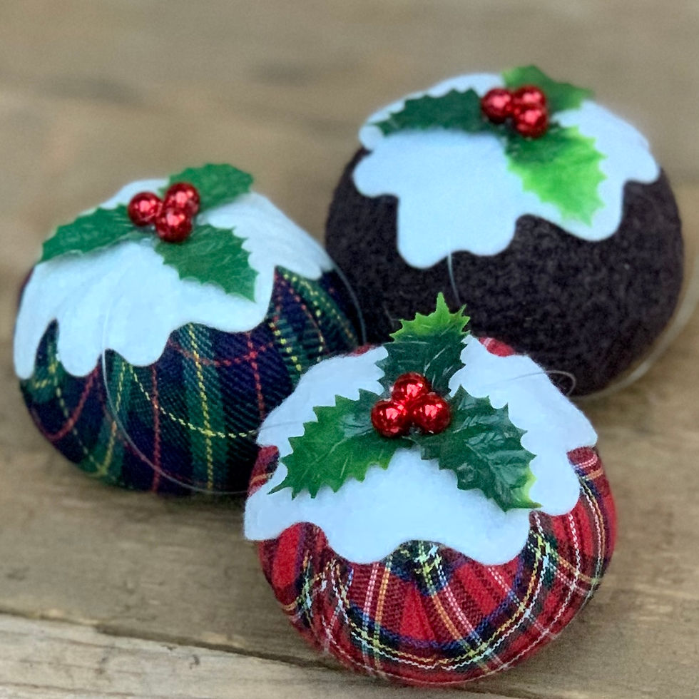 Thumbnail: Set of 3 Tartan/natural Christmas pudding decorations