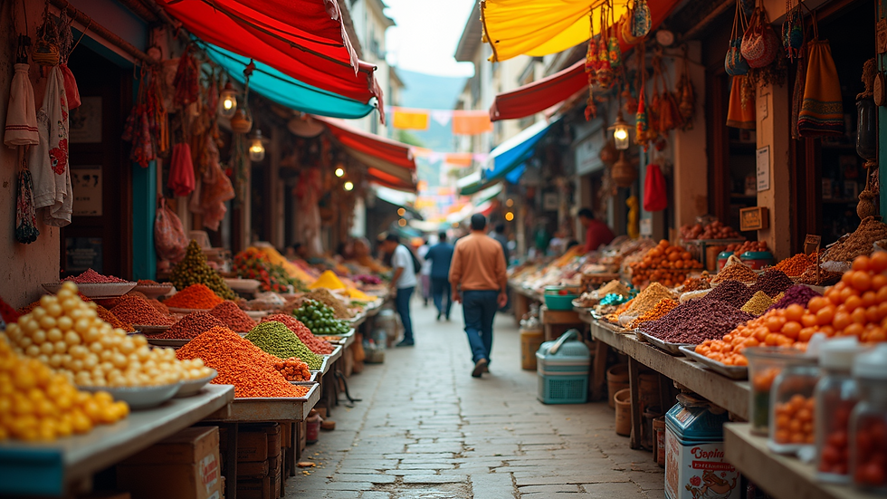 Eye-level view of a bustling Mexican market filled with colorful stalls and vibrant products