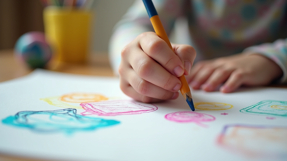 Close-up view of a child’s hand drawing colorful shapes during a therapy session
