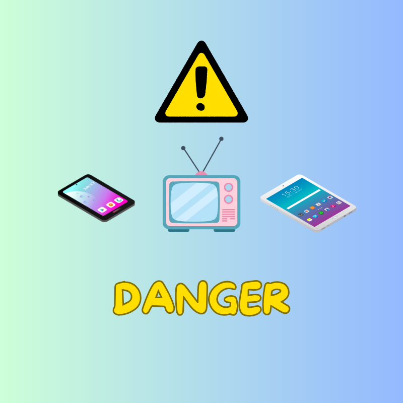 Une télévision, un Smartphone et une tablettes sur fond bleu dégradé et un symbole de danger qui exprime le danger face aux écrans pour les enfants.