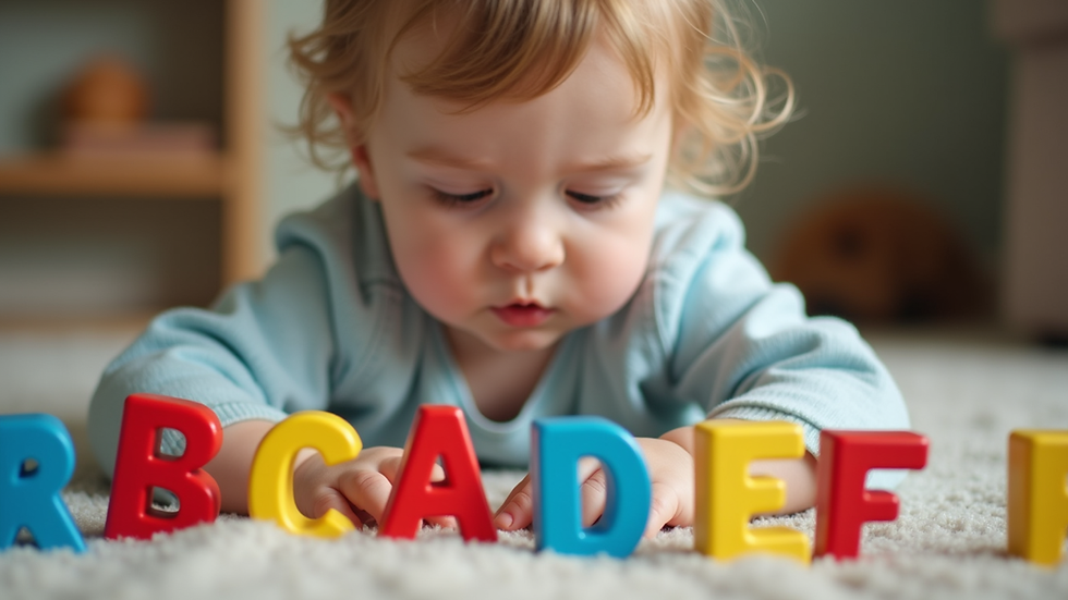 Eye-level view of a child playing with colorful alphabet blocks