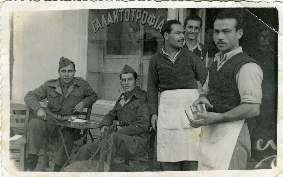 historic black-and-white photo of people in front of a traditional Greek dairy shop