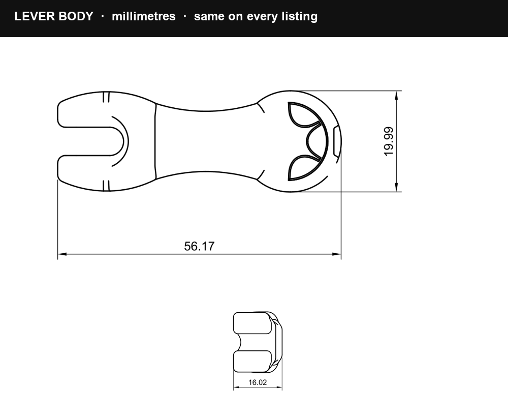 Slide-Loc quick-release lever body. Length 56.17 mm, width 19.99 mm, thickness 16.02 mm.