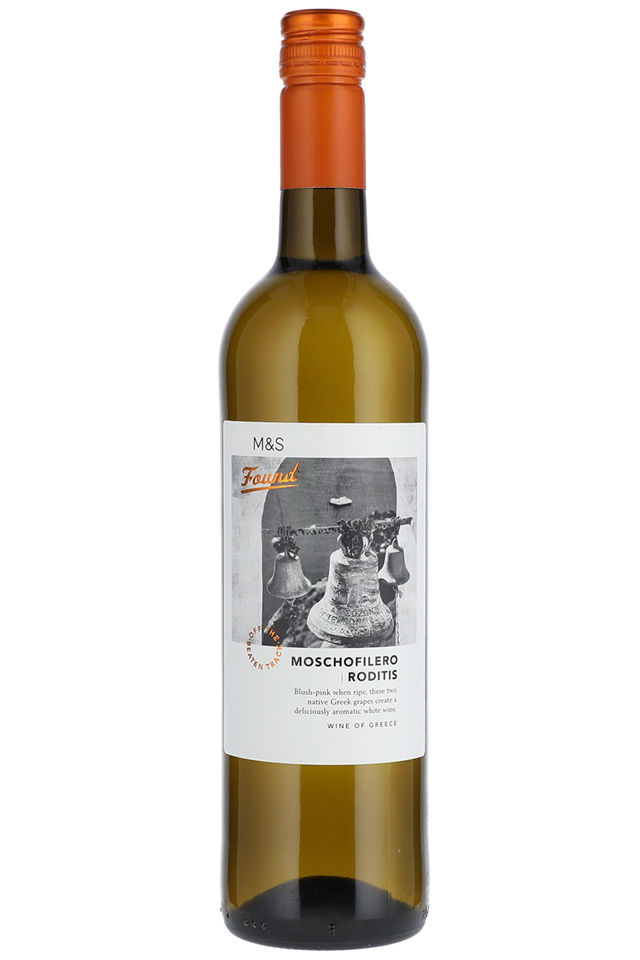 A bottle of M&S Found Moschofilero Roditis, a Greek dry white wine