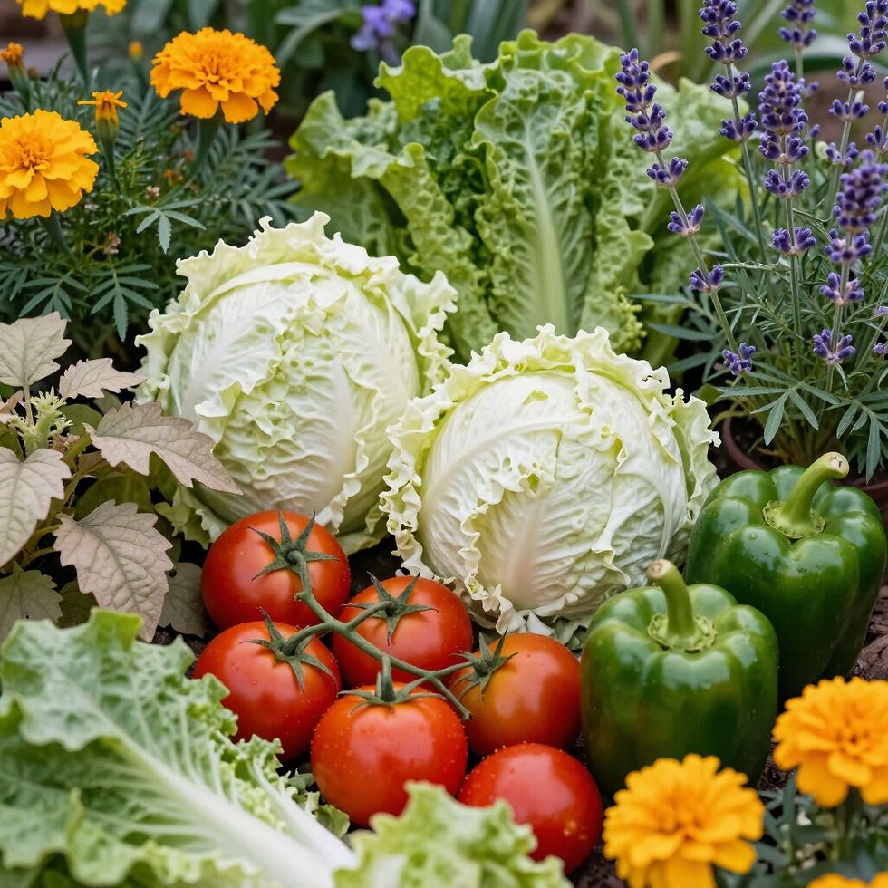 A circular view of a productive garden homestead with vegetables and flowers
