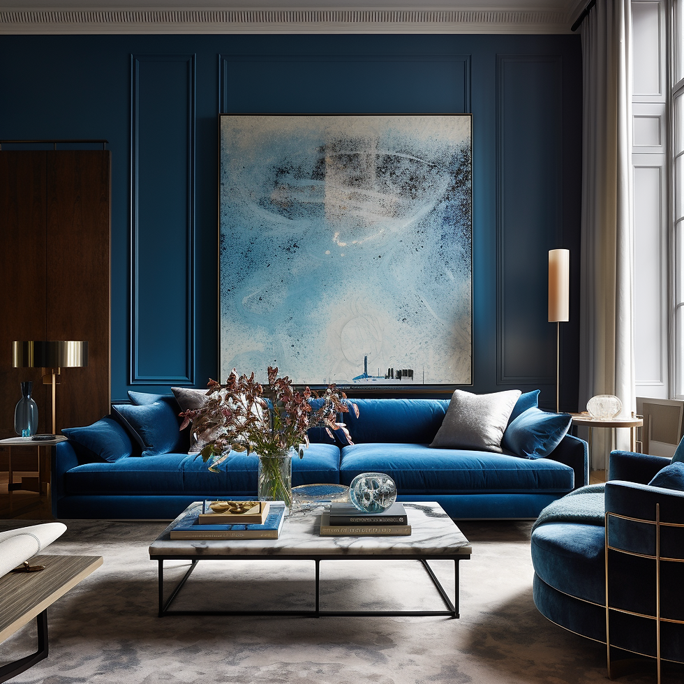 A deep blue living room with a a monochromatic living room