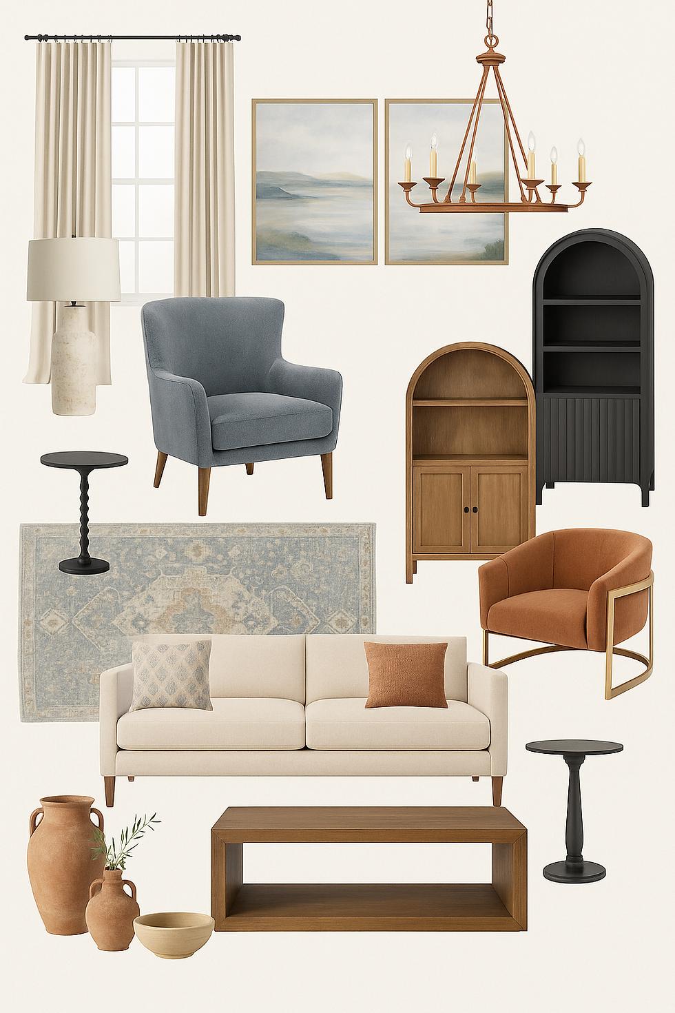 Mediterranean-inspired living room mood board featuring terracotta vases, a cream sofa, arched cabinets, a blue accent chair, rustic chandelier, and earthy textures.