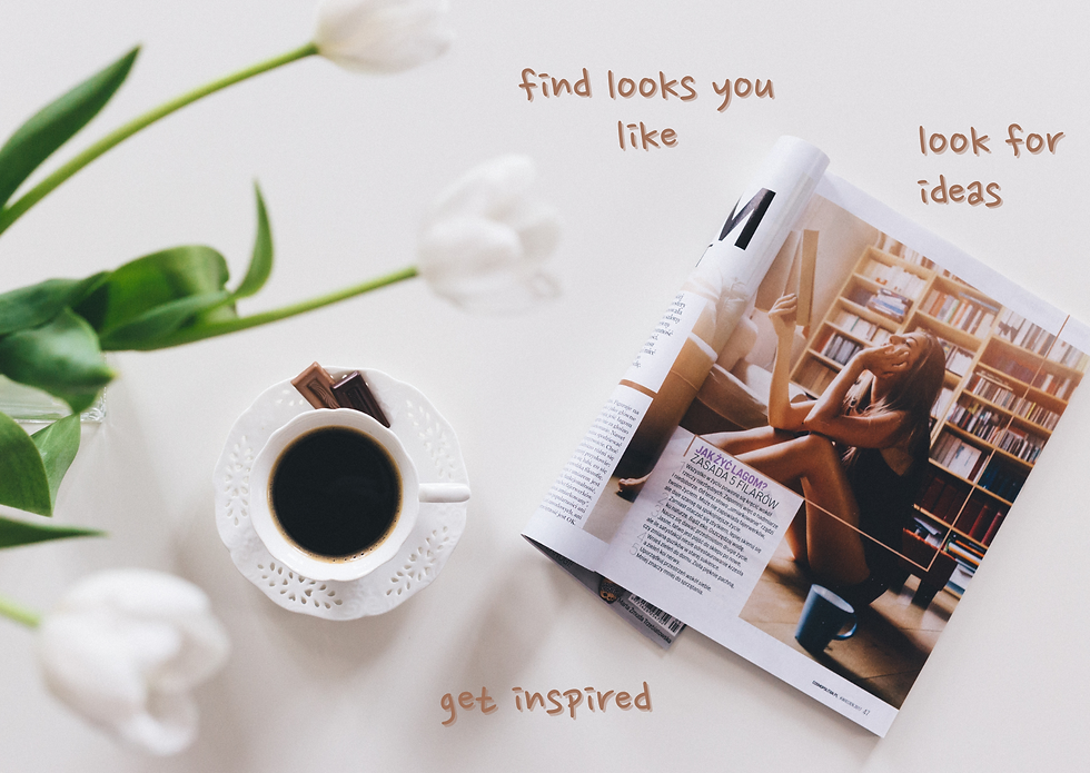 a flatlay picture of a magazine, a coffee in a cute mug and a couple of white tulips
