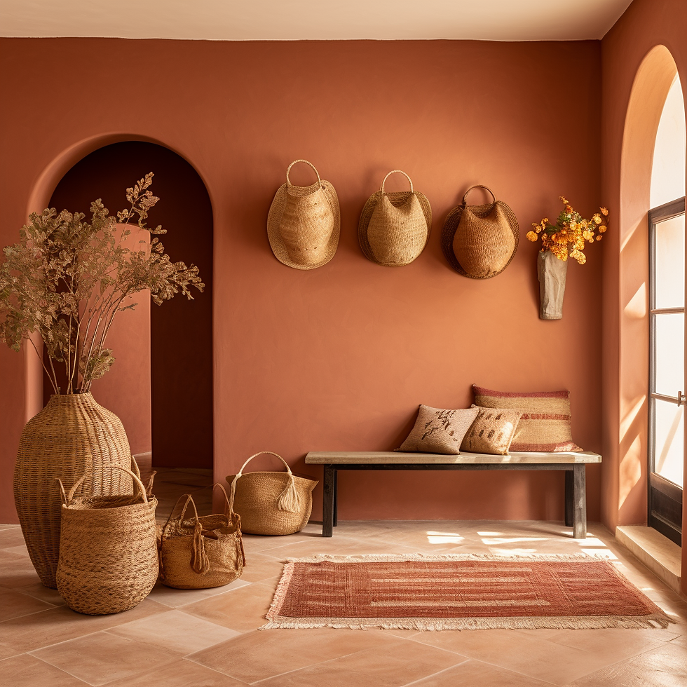 A warm terracotta wall painted hallway