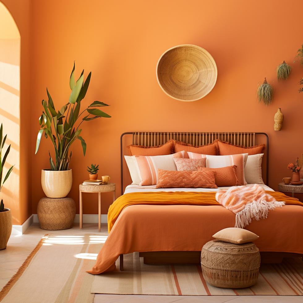 A beautiful orange bedroom with greenery and rattan