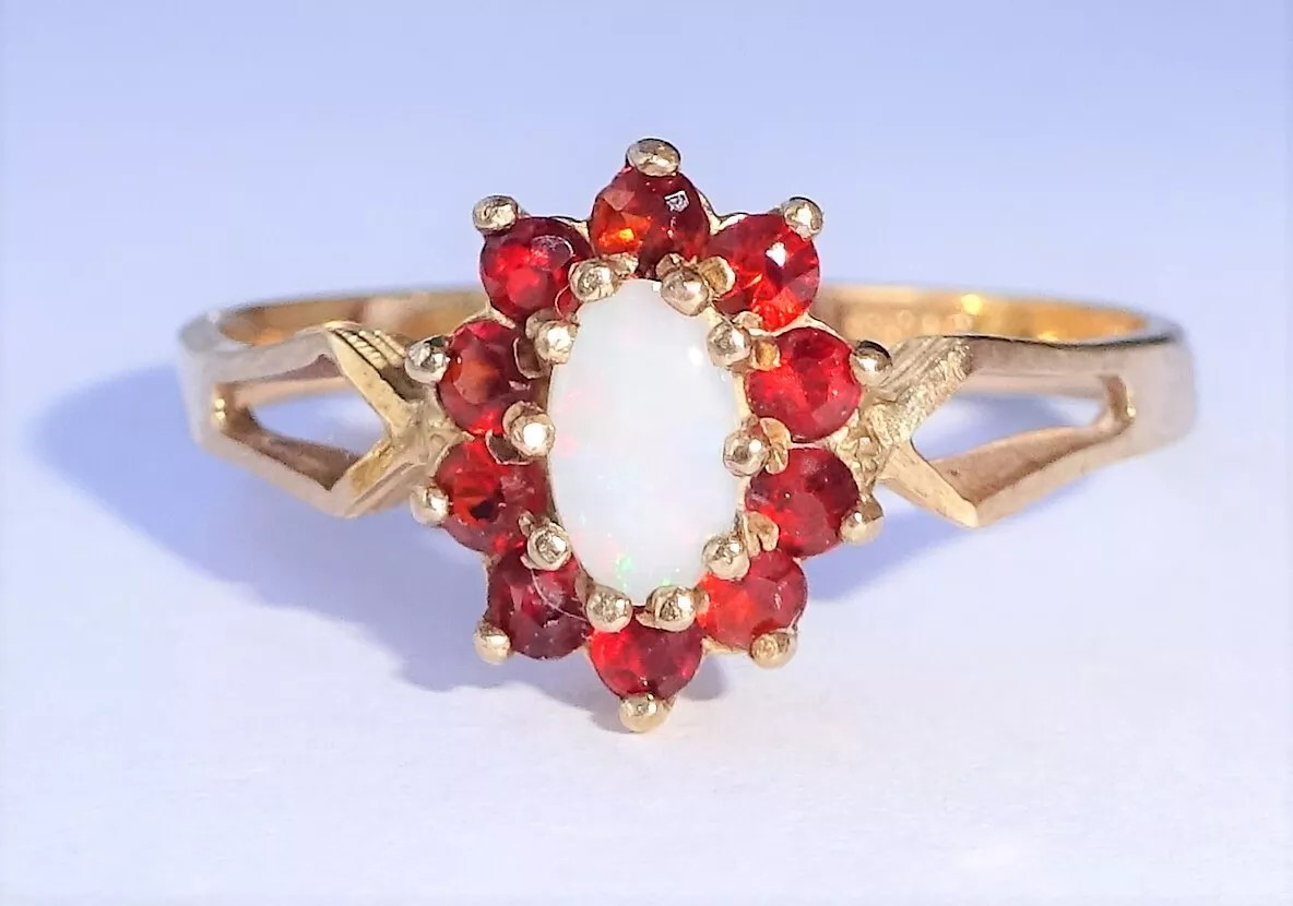 Vintage 9ct Gold Opal & Spessartine Garnet Halo Ring, Size M, Edinburgh Hallmark