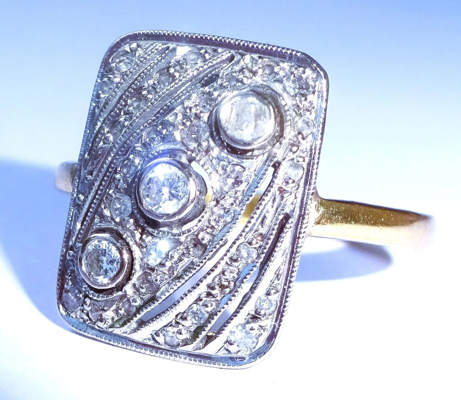 Large Vintage Art Deco Inspired 18ct Gold & Diamond Panel Ring, Size P