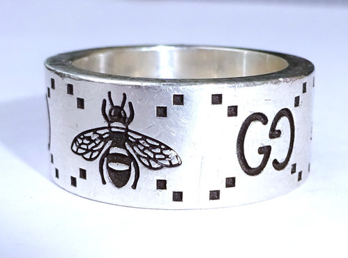 銀ベイ Heavy Gucci Sterling Silver Wide Band Bee Ring, Size M1/2