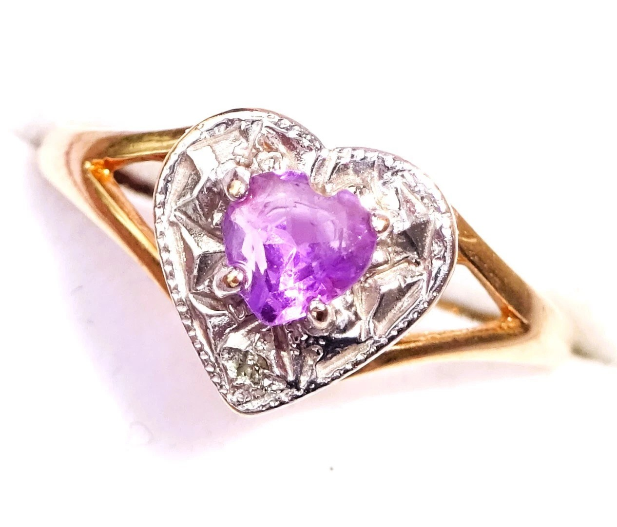 9ct Gold Amethyst & Diamond Milgrain Heart Ring, Size O