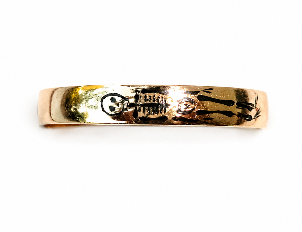 Thumbnail: Victorian 22ct gold memento mori skeleton ring with black enamel decoration, hallmarked London 1896.
