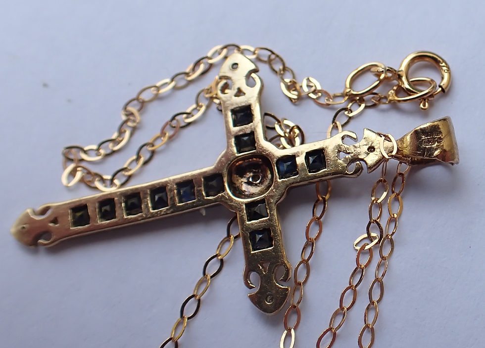Thumbnail: 9ct gold princess sapphire and diamond cross necklace.