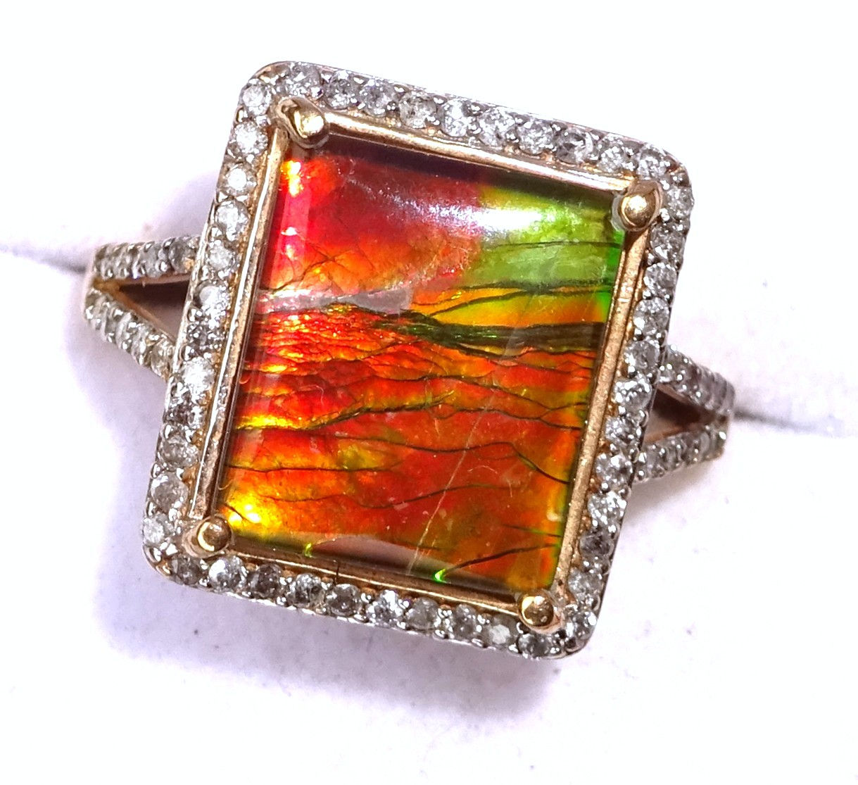 9ct Gold Emerald Cut Ammolite & Diamond Halo Ring, Size P1/2