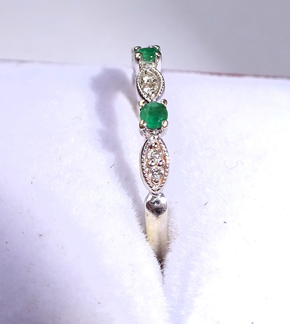 Thumbnail: Antique Style 9ct White Gold Emerald & Diamond 3 Stone Milgrain Ring, Size M