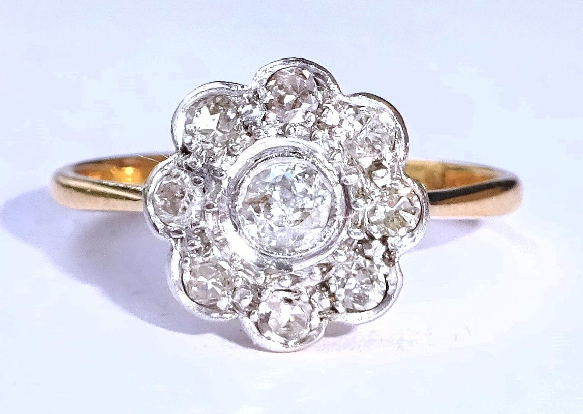 Antique Victorian 18ct Gold, Platinum & 0.50ct Diamond Flower Ring, Size M
