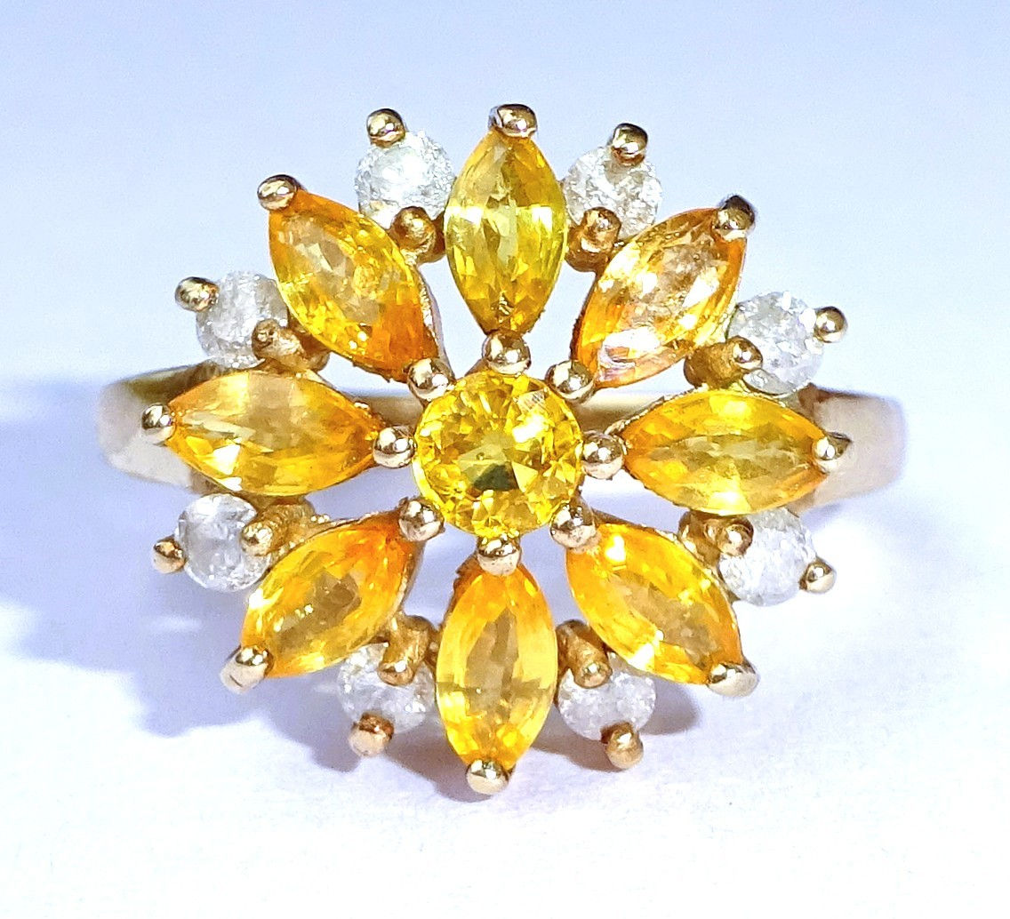 9ct Gold Marquise Yellow Sapphire & Diamond Sunflower Ring, Size N