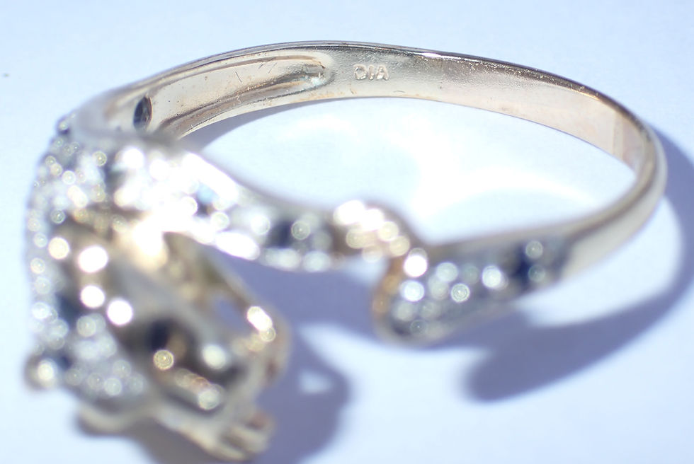 Thumbnail: 9ct gold diamond black sapphire panther ring with natural diamonds and black sapphires, size S.