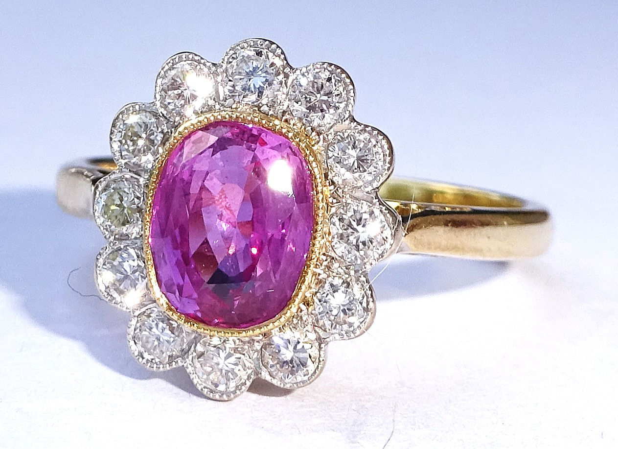 Vintage Art Deco Style 18ct Gold Pink Sapphire & Diamond Halo Ring, Size O