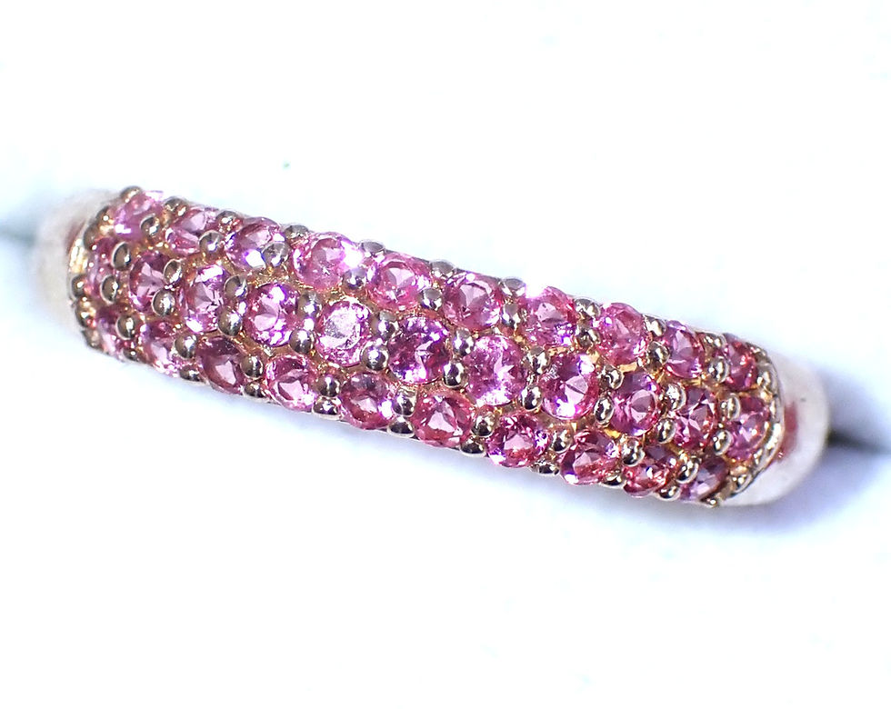 Thumbnail: 9ct gold Burmese pink spinel cluster band ring with untreated Burmese spinels.
