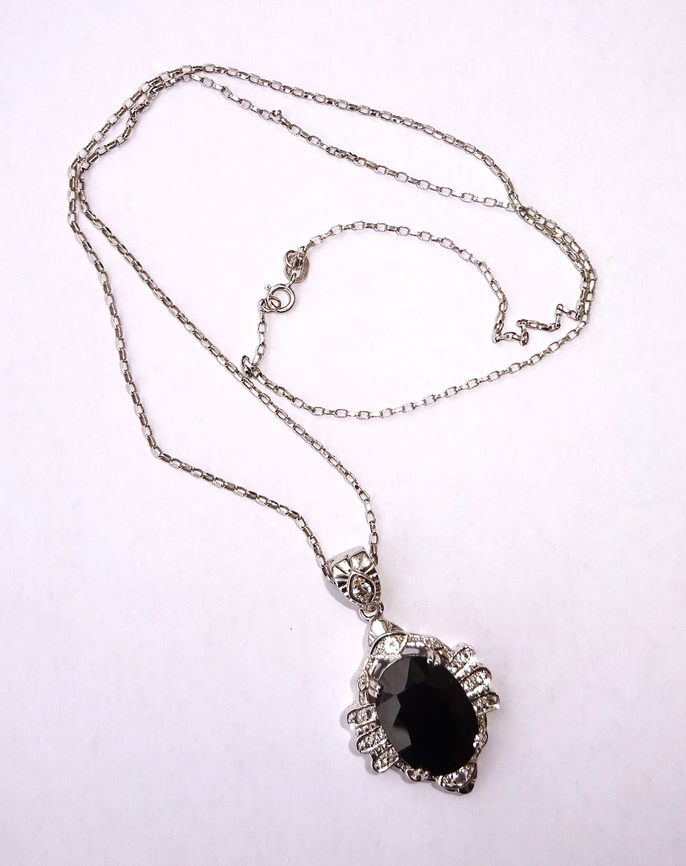 Thumbnail: Large, Heavy 9ct White Gold Black Onyx & White Sapphire Necklace, 21", 12.6g
