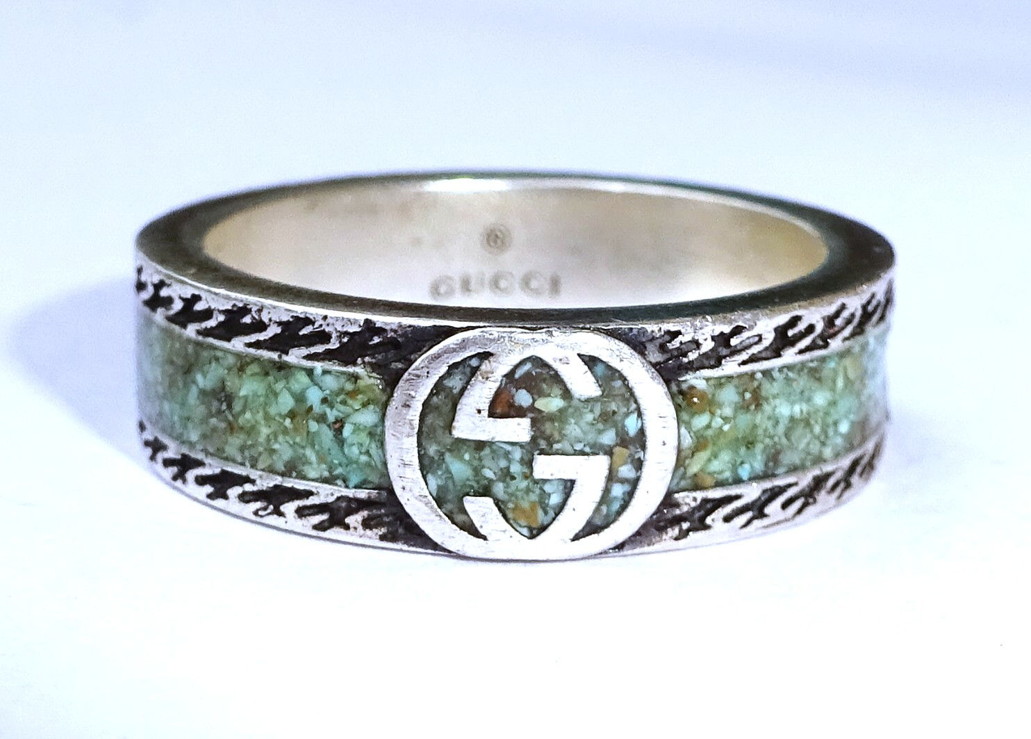 Gucci Interlocking G Turquoise Enamel Sterling Silver Band Ring, Size M1/2