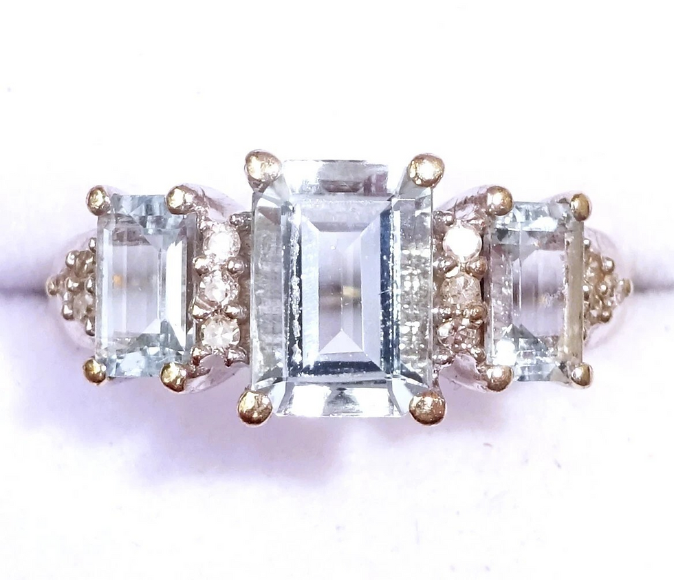 Thumbnail: 9ct White Gold Emerald Cut Aquamarine & Diamond Three Stone Ring, Size I1/2