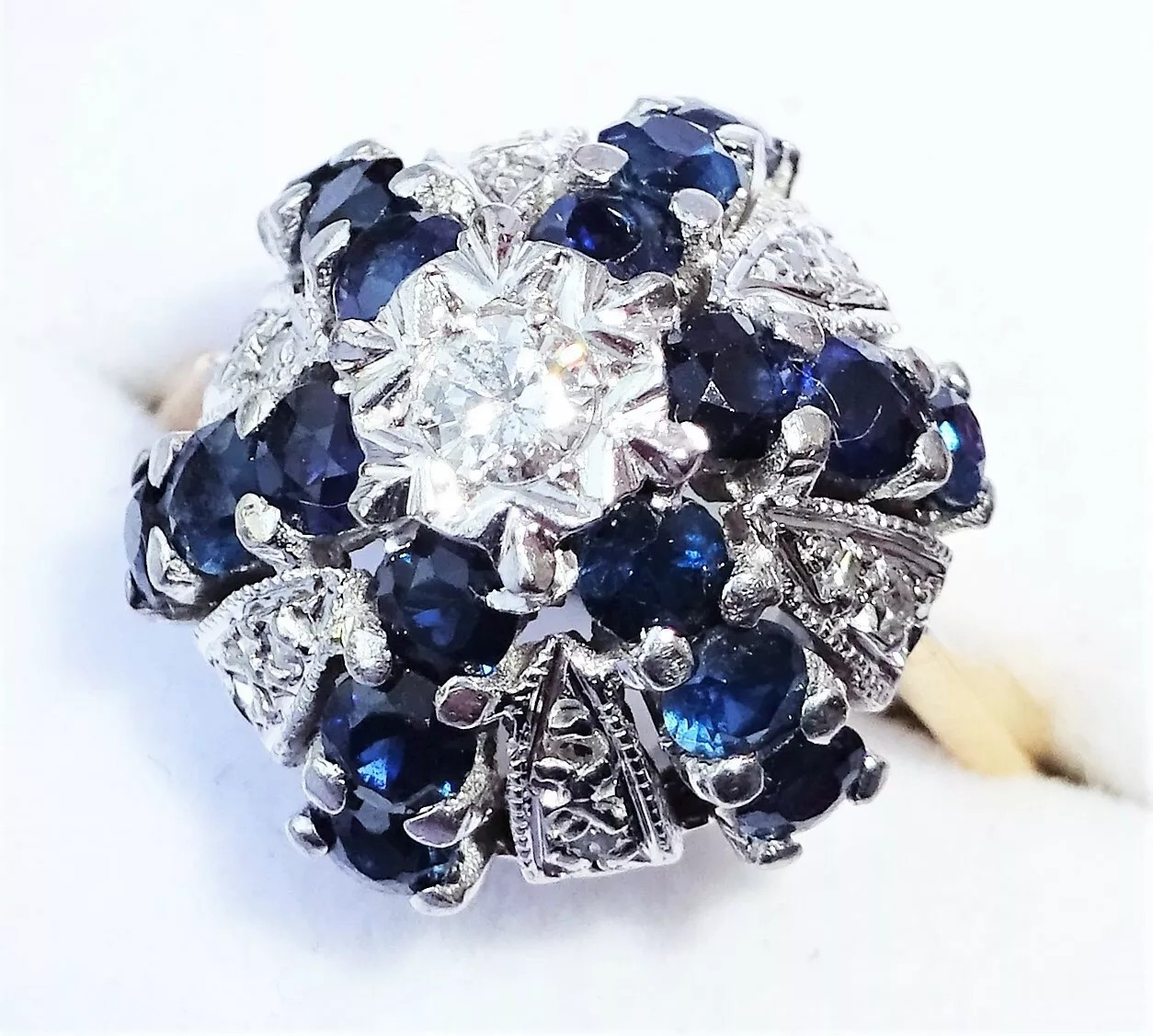 Large Antique Art Deco 18ct Gold Sapphire & Diamond Domed Bombe Ring, Size L