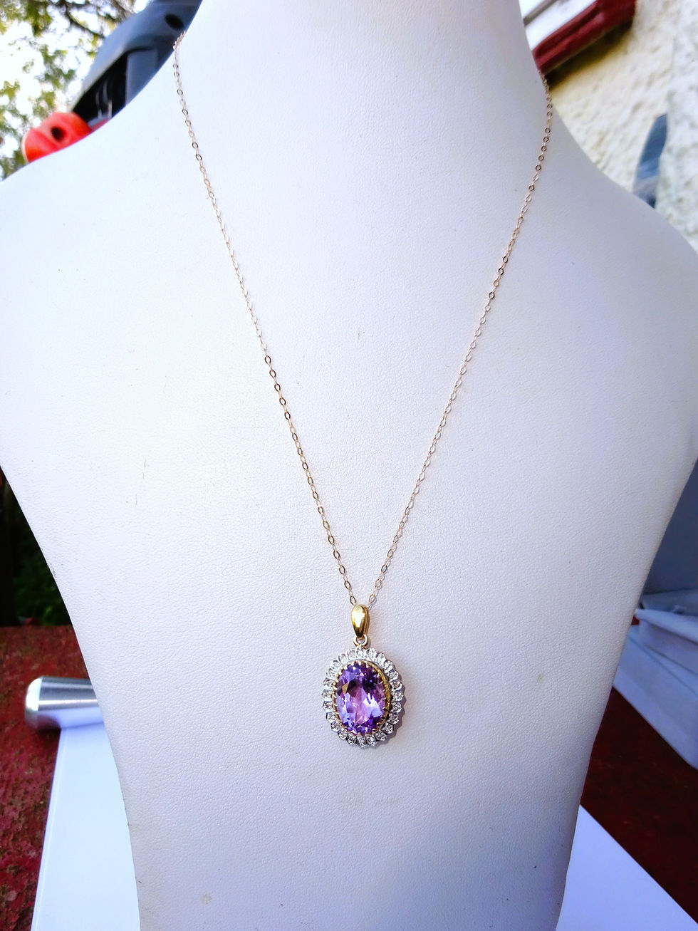 Thumbnail: Large 9ct Gold Amethyst & 0.12ct Diamond Halo Pendant Necklace, 18"