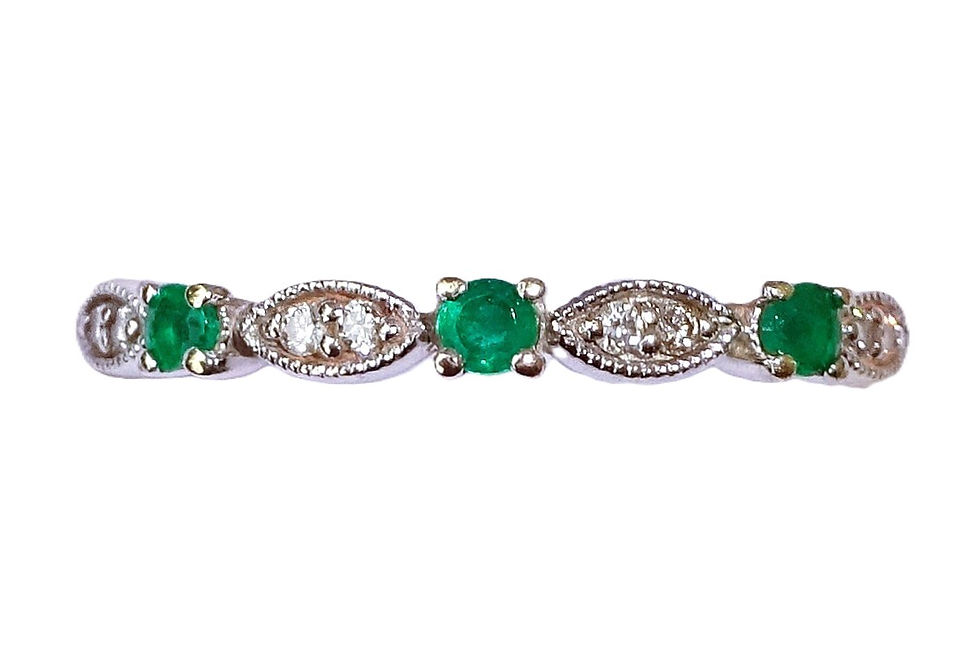Thumbnail: Antique Style 9ct White Gold Emerald & Diamond 3 Stone Milgrain Ring, Size M