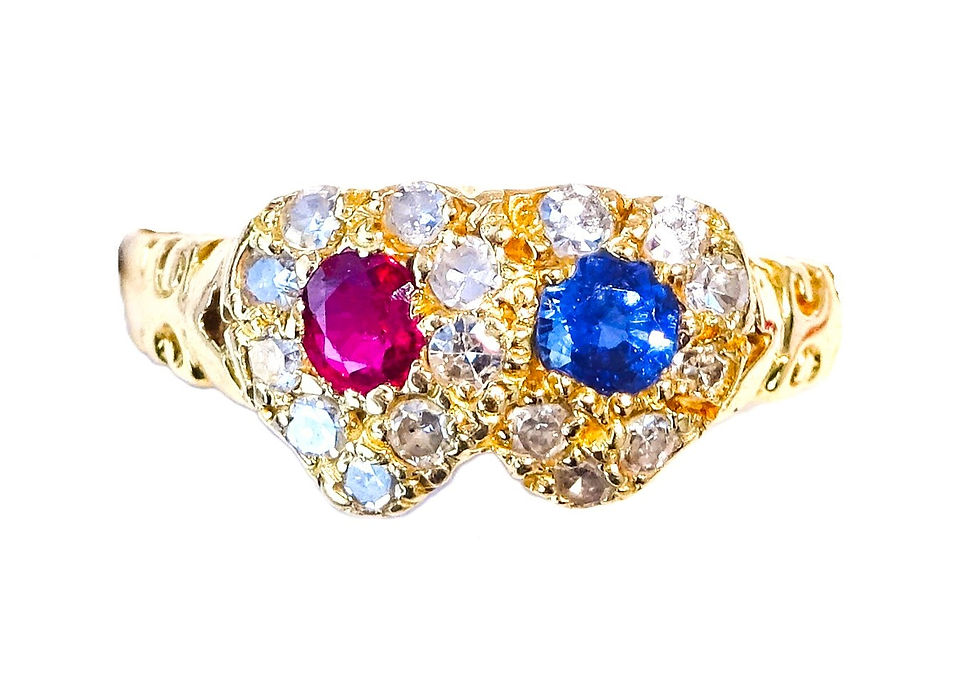 Thumbnail: Antique Edwardian 18ct Gold, Sapphire, Ruby & Diamond Double Heart Ring, Size N