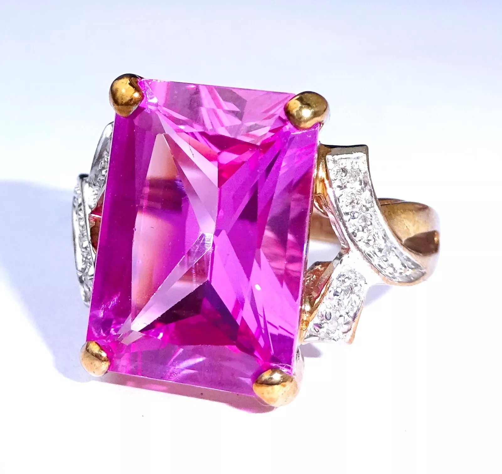 Large 9ct Gold Emerald Cut Pink Sapphire & Diamond Cocktail Ring, Size N1/2