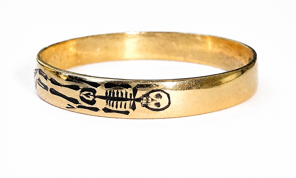 Thumbnail: Victorian 22ct gold memento mori skeleton ring with black enamel decoration, hallmarked London 1896.