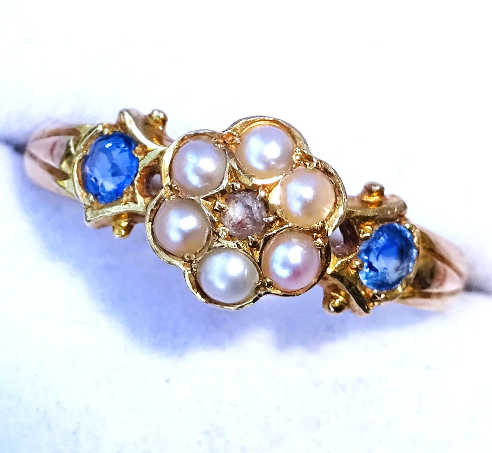 Thumbnail: Antique 18ct gold flower ring with split seed pearls, cornflower blue sapphires and old-cut diamond, hallmarked Birmingham 19