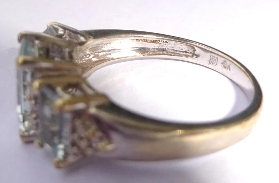 Thumbnail: 9ct White Gold Emerald Cut Aquamarine & Diamond Three Stone Ring, Size I1/2