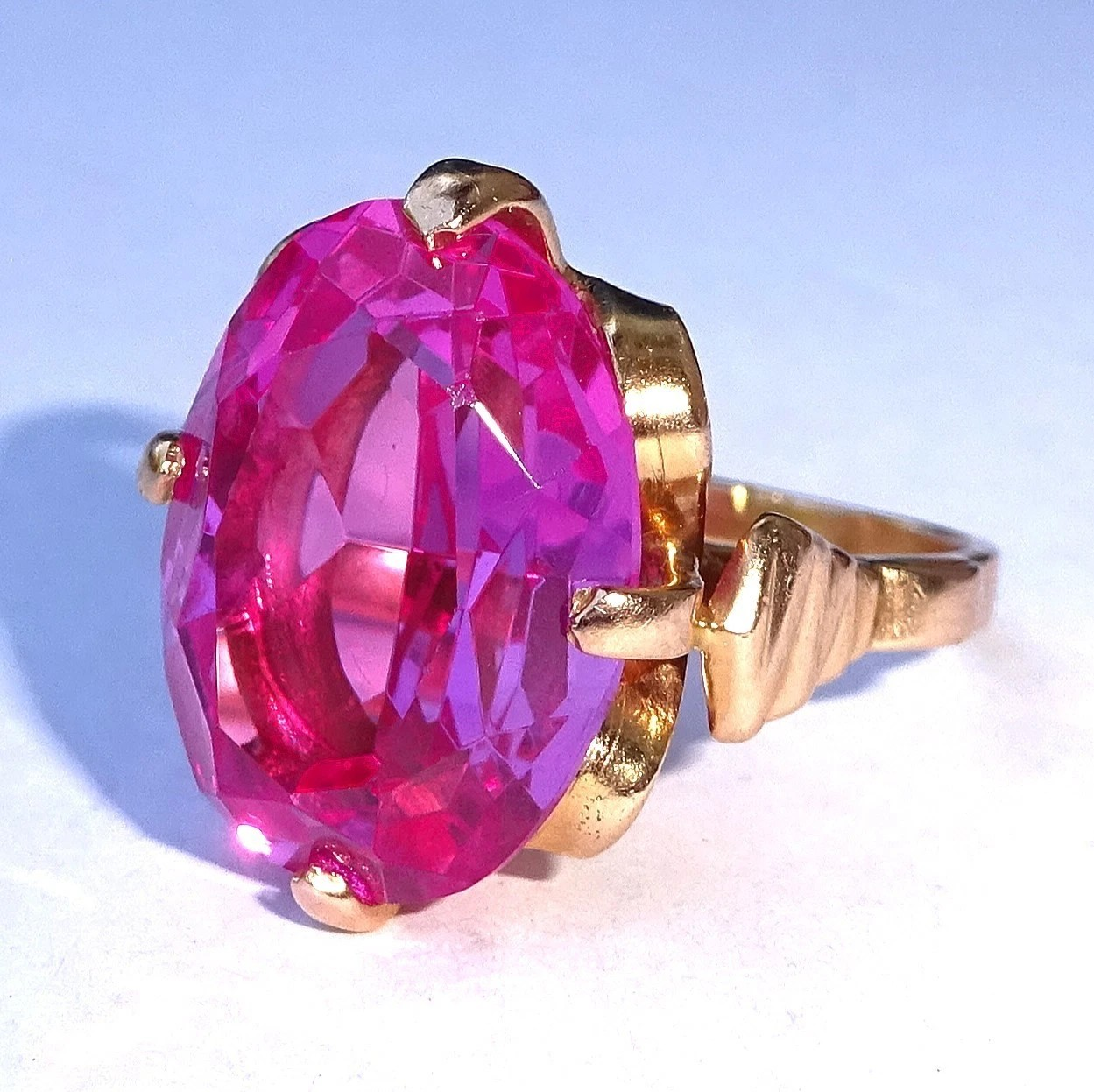 Large Vintage Russian Soviet Era 14ct Rose Gold Pink Sapphire Ring, Size L1/2