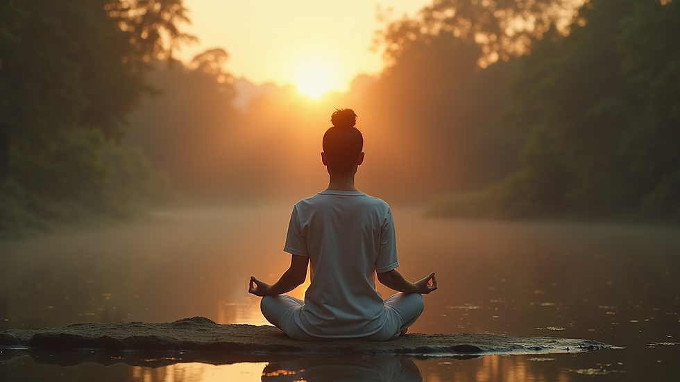 Close-up view of a person meditating in a serene environment