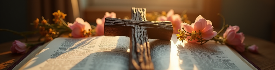 Wooden cross on an open Bible with pink flowers